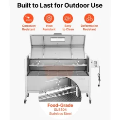VEVOR Rotisserie Grill, 38W BBQ Outdoor Pig & Lamb Spit Roaster, Charcoal Spit Roaster with 132 LBS Capacity, Wheels & 4-Level Height, Stainless Steel Rotisserie Grill Kit for Camping Outdoor Parties