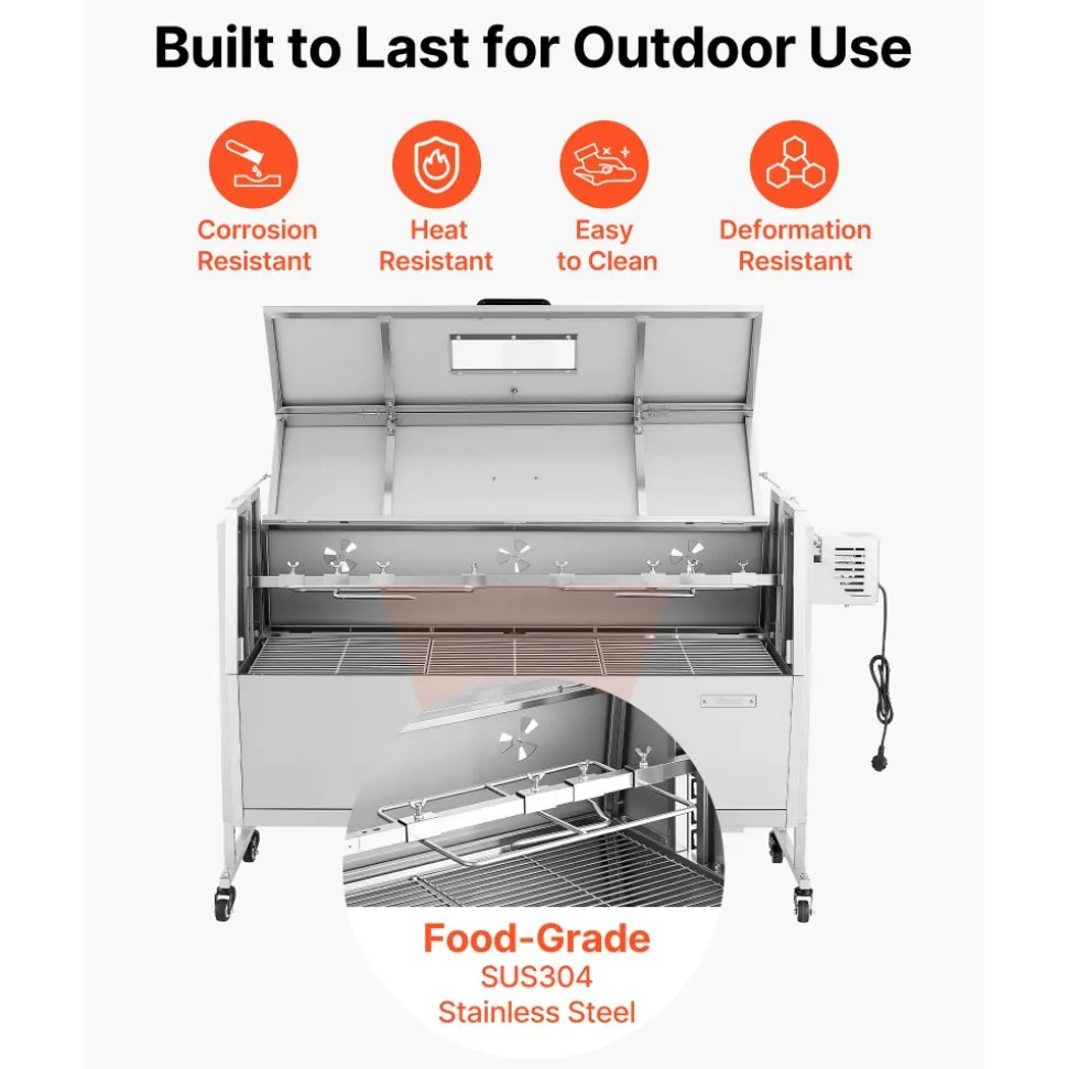 VEVOR Rotisserie Grill, 38W BBQ Outdoor Pig & Lamb Spit Roaster, Charcoal Spit Roaster with 132 LBS Capacity, Wheels & 4-Level Height, Stainless Steel Rotisserie Grill Kit for Camping Outdoor Parties