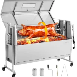 VEVOR Rotisserie Grill, 38W BBQ Outdoor Pig & Lamb Spit Roaster, Charcoal Spit Roaster with 132 LBS Capacity, Wheels & 4-Level Height, Stainless Steel Rotisserie Grill Kit for Camping Outdoor Parties