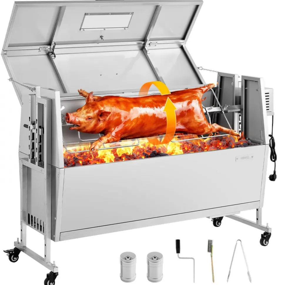 VEVOR Rotisserie Grill, 38W BBQ Outdoor Pig & Lamb Spit Roaster, Charcoal Spit Roaster with 132 LBS Capacity, Wheels & 4-Level Height, Stainless Steel Rotisserie Grill Kit for Camping Outdoor Parties
