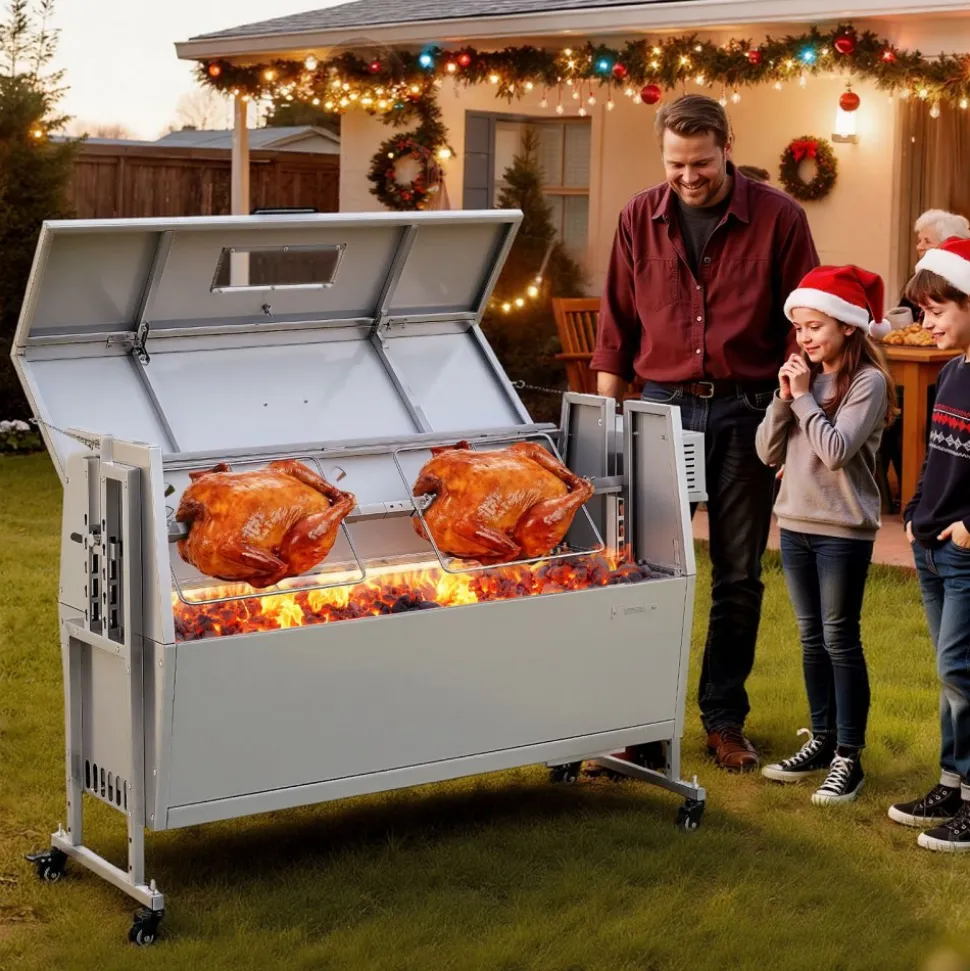 VEVOR Rotisserie Grill, 38W BBQ Outdoor Pig & Lamb Spit Roaster, Charcoal Spit Roaster with 132 LBS Capacity, Wheels & 4-Level Height, Stainless Steel Rotisserie Grill Kit for Camping Outdoor Parties