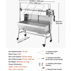 VEVOR Rotisserie Grill, 38W BBQ Outdoor Pig & Lamb Spit Roaster, Charcoal Spit Roaster with 132 LBS Load Capacity & 7-Level Height, Stainless Steel Electric Rotisserie Grill Kit for Camping Outdoor