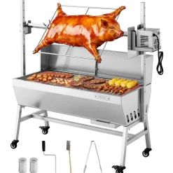 VEVOR Rotisserie Grill, 38W BBQ Outdoor Pig & Lamb Spit Roaster, Charcoal Spit Roaster with 132 LBS Load Capacity & 7-Level Height, Stainless Steel Electric Rotisserie Grill Kit for Camping Outdoor