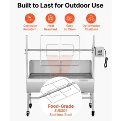 VEVOR Rotisserie Grill, 38W BBQ Outdoor Pig & Lamb Spit Roaster, Charcoal Spit Roaster with 132 LBS Load Capacity & 7-Level Height, Stainless Steel Electric Rotisserie Grill Kit for Camping Outdoor