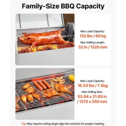 VEVOR Rotisserie Grill, 38W BBQ Outdoor Pig & Lamb Spit Roaster, Charcoal Spit Roaster with 132 LBS Capacity, Wheels & 4-Level Height, Stainless Steel Electric Rotisserie Grill Kit for Camping Outdoor