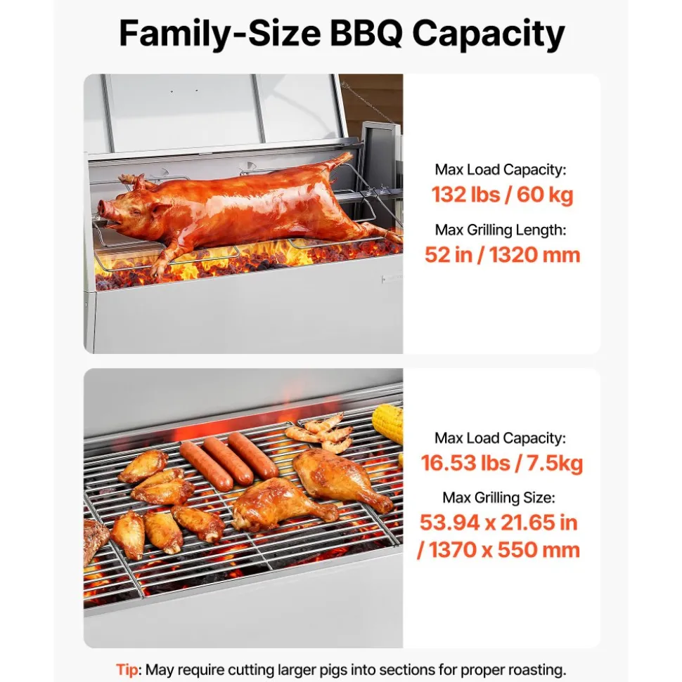 VEVOR Rotisserie Grill, 38W BBQ Outdoor Pig & Lamb Spit Roaster, Charcoal Spit Roaster with 132 LBS Capacity, Wheels & 4-Level Height, Stainless Steel Electric Rotisserie Grill Kit for Camping Outdoor