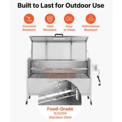 VEVOR Rotisserie Grill, 38W BBQ Outdoor Pig & Lamb Spit Roaster, Charcoal Spit Roaster with 132 LBS Capacity, Wheels & 4-Level Height, Stainless Steel Electric Rotisserie Grill Kit for Camping Outdoor