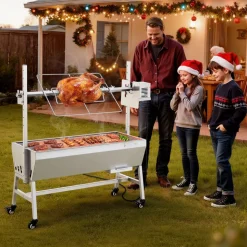 VEVOR Rotisserie Grill, 38W BBQ Outdoor Pig & Lamb Spit Roaster, Charcoal Spit Roaster with 132 LBS Capacity, Wheels & 7-Level Height, Stainless Steel Electric Rotisserie Grill Kit for Camping Outdoor