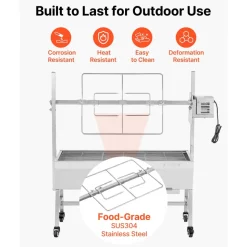 VEVOR Rotisserie Grill, 38W BBQ Outdoor Pig & Lamb Spit Roaster, Charcoal Spit Roaster with 132 LBS Capacity, Wheels & 7-Level Height, Stainless Steel Electric Rotisserie Grill Kit for Camping Outdoor