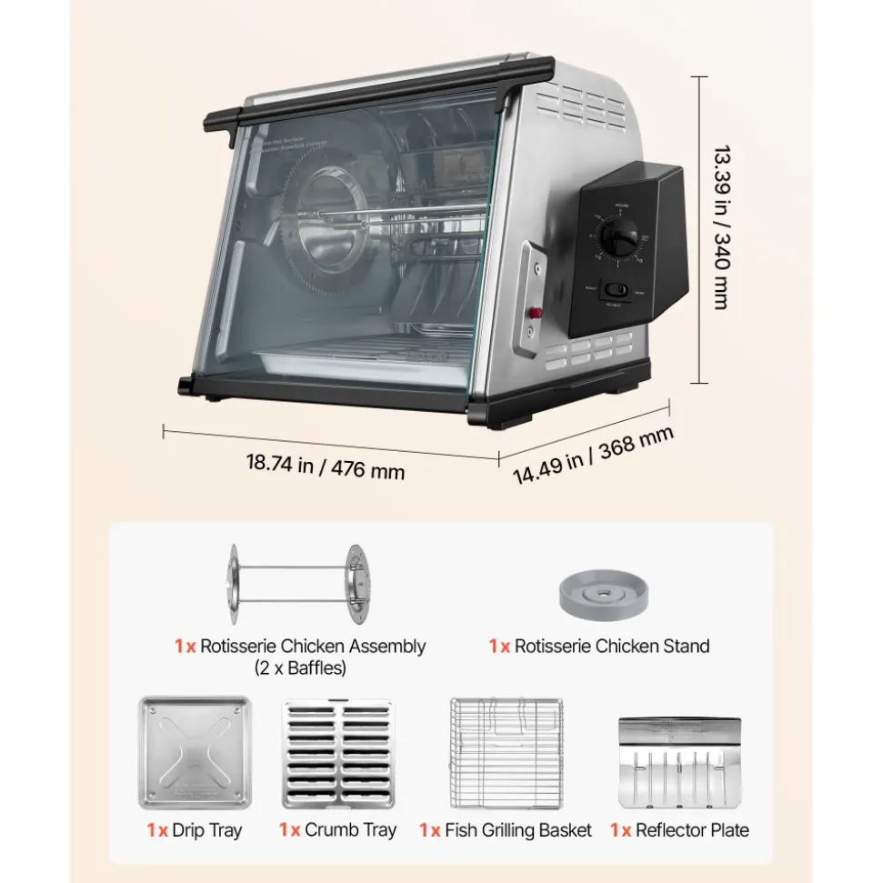 VEVOR Rotisserie Oven Large Capacity 12L Shawarma Grill Machine 1250W, for Chicken, Beef Ribs, Lamb Leg, Grilled Vegetables, Countertop Grill Roaster with Heat-Resistant Door and Timer Control