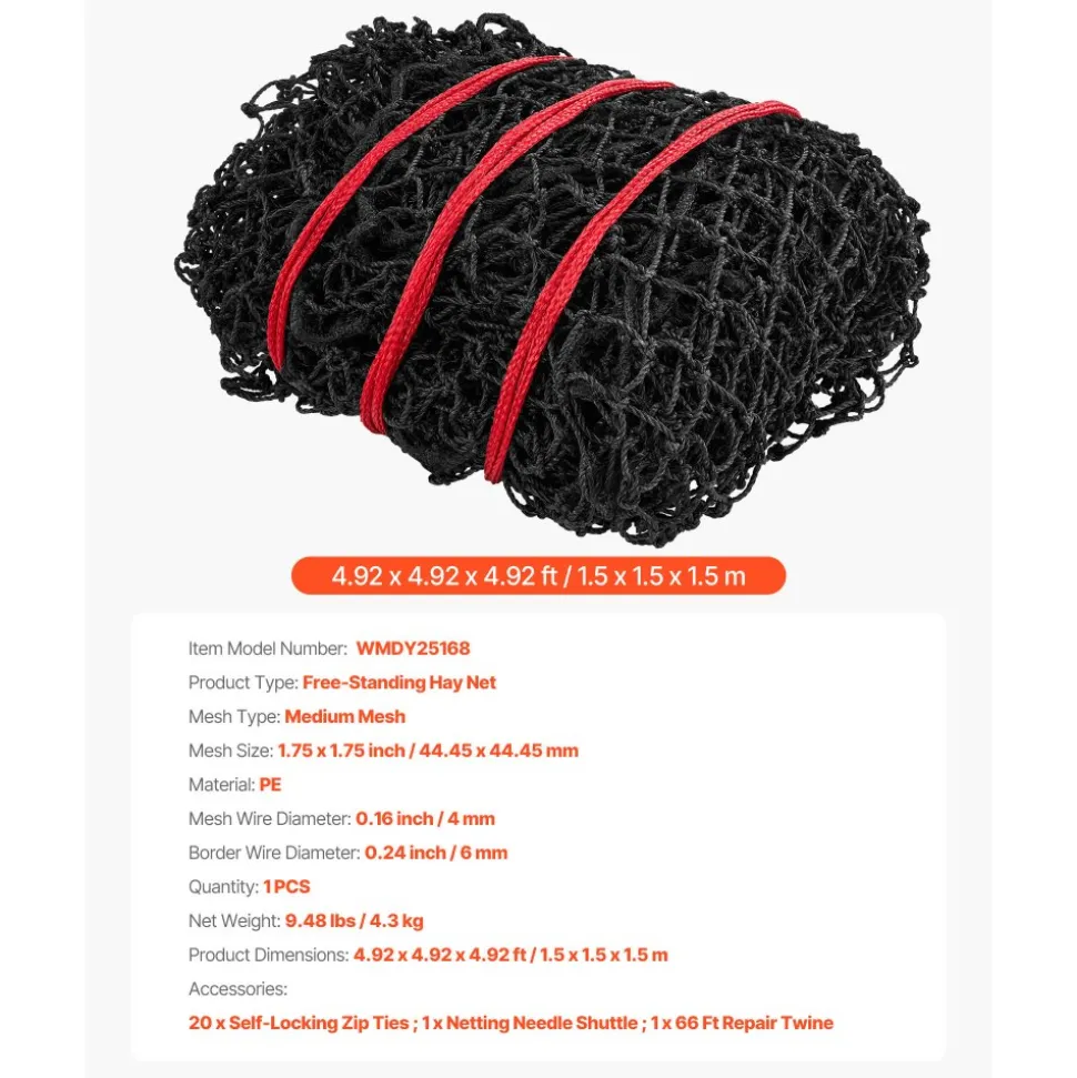 VEVOR Round Bale Hay Net, 4.92 x 4.92 x 4.92 ft, 1.75 inch Holes, PE Material, Reinforced Knotted Design, with Zip Ties, Needle Shuttle, and Repair Twine, Slow Feeder Round Bale Net for Horses