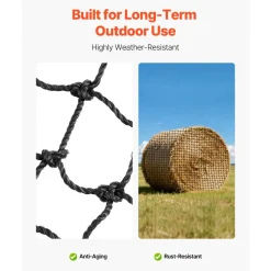 VEVOR Round Bale Hay Net, 4.92 x 4.92 x 4.92 ft, 1.75 inch Holes, PE Material, Reinforced Knotted Design, with Zip Ties, Needle Shuttle, and Repair Twine, Slow Feeder Round Bale Net for Horses