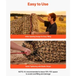 VEVOR Round Bale Hay Net, 4.92 x 4.92 x 4.92 ft, 1.75 inch Holes, PE Material, Reinforced Knotted Design, with Zip Ties, Needle Shuttle, and Repair Twine, Slow Feeder Round Bale Net for Horses