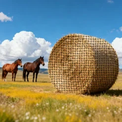 VEVOR Round Bale Hay Net, 4.92 x 4.92 x 4.92 ft, 1.75 inch Holes, PE Material, Reinforced Knotted Design, with Zip Ties, Needle Shuttle, and Repair Twine, Slow Feeder Round Bale Net for Horses