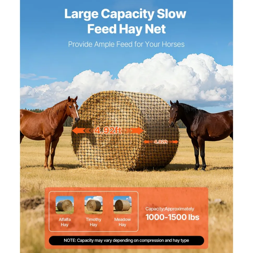 VEVOR Round Bale Hay Net, 4.92 x 4.92 x 4.92 ft, 1.75 inch Holes, PE Material, Reinforced Knotted Design, with Zip Ties, Needle Shuttle, and Repair Twine, Slow Feeder Round Bale Net for Horses