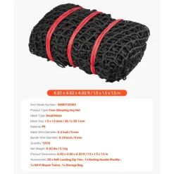 VEVOR Round Bale Hay Net, 4.92 x 4.92 x 4.92 ft, 1.5 inch Holes, PE Material, Knotless Design, with Zip Ties, Needle Shuttle, Repair Twine and Storage Bag, Slow Feeder Round Bale Net for Horses