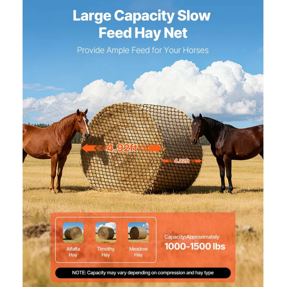 VEVOR Round Bale Hay Net, 4.92 x 4.92 x 4.92 ft, 1.5 inch Holes, PE Material, Knotless Design, with Zip Ties, Needle Shuttle, Repair Twine and Storage Bag, Slow Feeder Round Bale Net for Horses