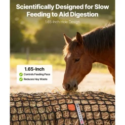 VEVOR Round Bale Hay Net, 4.92 x 4.92 x 4.92 ft, 1.65 inch Holes, PE Material, Knotless Design, with Self-Locking Zip Ties, Needle Shuttle, and Repair Twine, Slow Feeder Round Bale Net for Horses