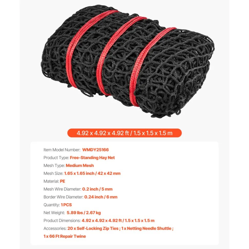 VEVOR Round Bale Hay Net, 4.92 x 4.92 x 4.92 ft, 1.65 inch Holes, PE Material, Knotless Design, with Self-Locking Zip Ties, Needle Shuttle, and Repair Twine, Slow Feeder Round Bale Net for Horses