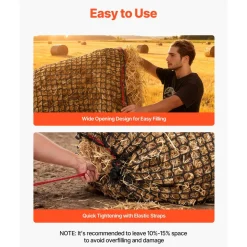 VEVOR Round Bale Hay Net, 4.92 x 4.92 x 4.92 ft, 1.65 inch Holes, PE Material, Knotless Design, with Self-Locking Zip Ties, Needle Shuttle, and Repair Twine, Slow Feeder Round Bale Net for Horses