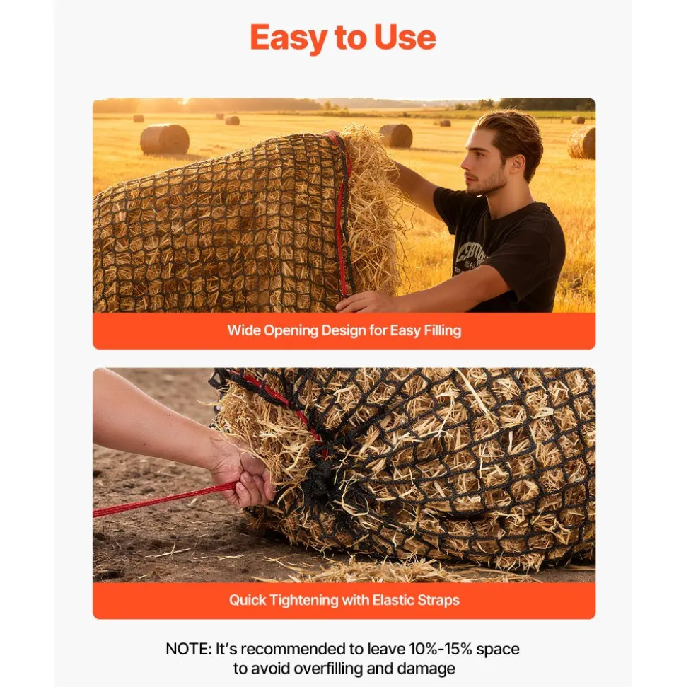 VEVOR Round Bale Hay Net, 4.92 x 4.92 x 4.92 ft, 1.65 inch Holes, PE Material, Knotless Design, with Self-Locking Zip Ties, Needle Shuttle, and Repair Twine, Slow Feeder Round Bale Net for Horses
