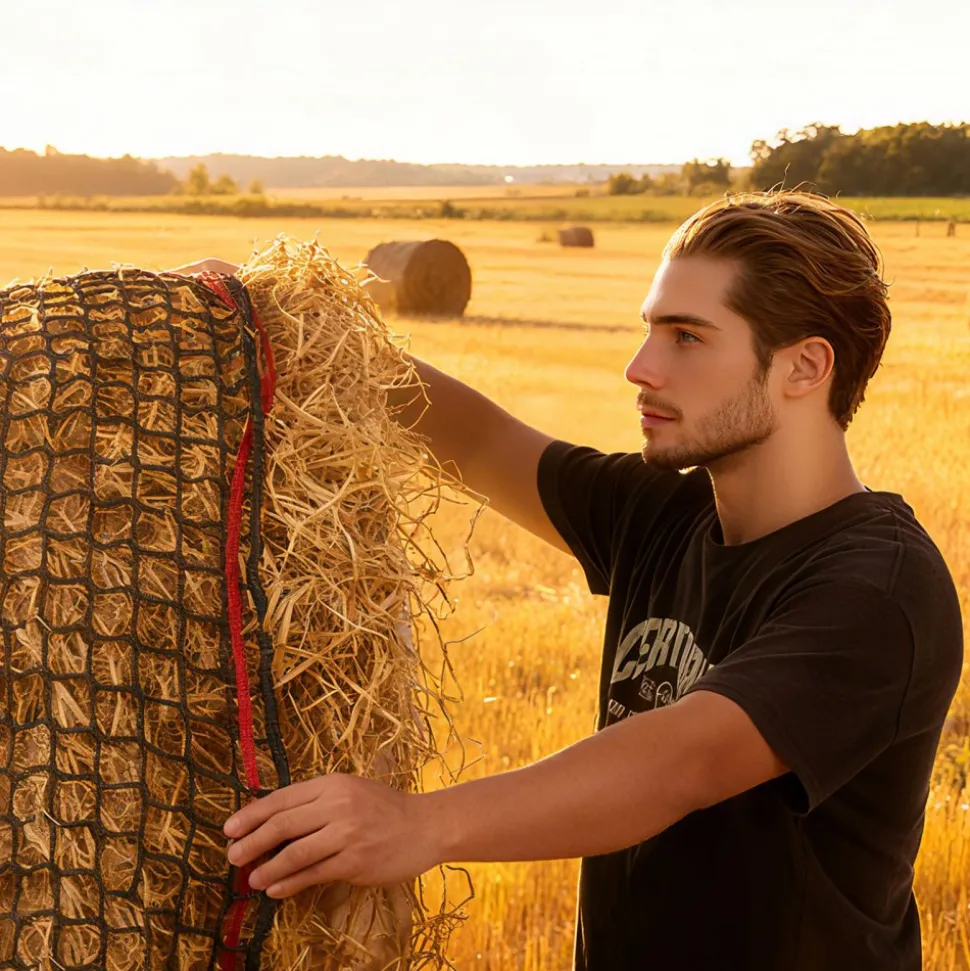 VEVOR Round Bale Hay Net, 4.92 x 4.92 x 4.92 ft, 1.65 inch Holes, PE Material, Knotless Design, with Self-Locking Zip Ties, Needle Shuttle, and Repair Twine, Slow Feeder Round Bale Net for Horses