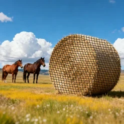 VEVOR Round Bale Hay Net, 4.92 x 4.92 x 4.92 ft, 1.65 inch Holes, PE Material, Knotless Design, with Self-Locking Zip Ties, Needle Shuttle, and Repair Twine, Slow Feeder Round Bale Net for Horses