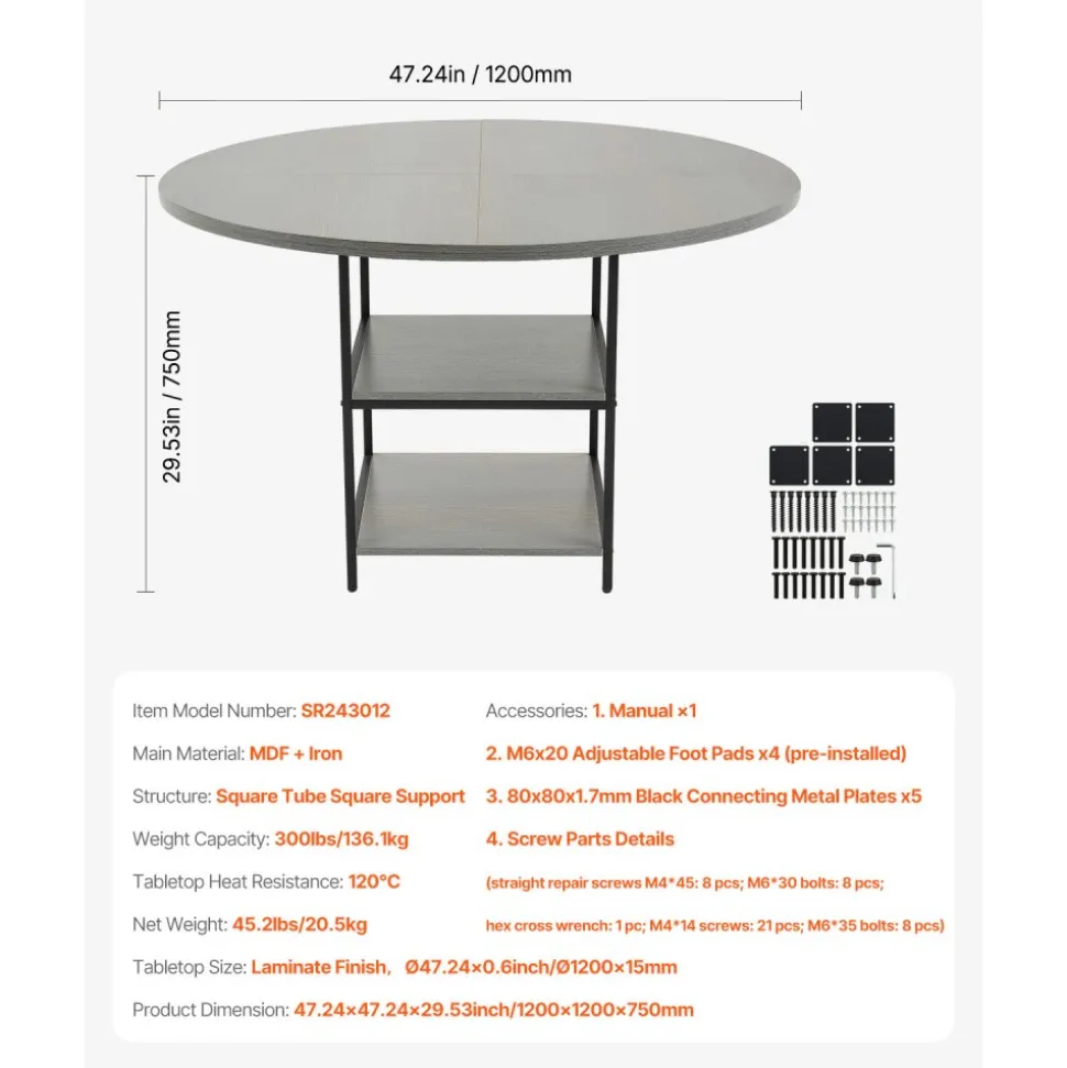 VEVOR Round Dining Table, 47 inch Wood Table for 4-6 Person, Farmhouse Circle Dinner Furniture, Rustic Leisure Tables with Thick Wooden Legs, for Home Kitchen Living Room, Grey (Only Table)