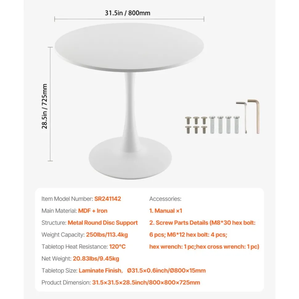 VEVOR Round Dining Table, 31.5 in Wood Table for 2-4 Person, Modern Circle Furniture, Leisure Coffee Office Tables with Pedestal Base in Tulip Design, for Home Kitchen Living Room, White(Only Table)