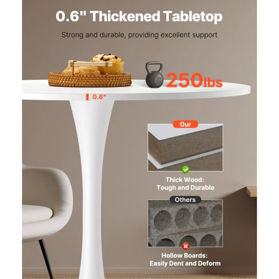 VEVOR Round Dining Table, 31.5 in Wood Table for 2-4 Person, Modern Circle Furniture, Leisure Coffee Office Tables with Pedestal Base in Tulip Design, for Home Kitchen Living Room, White(Only Table)