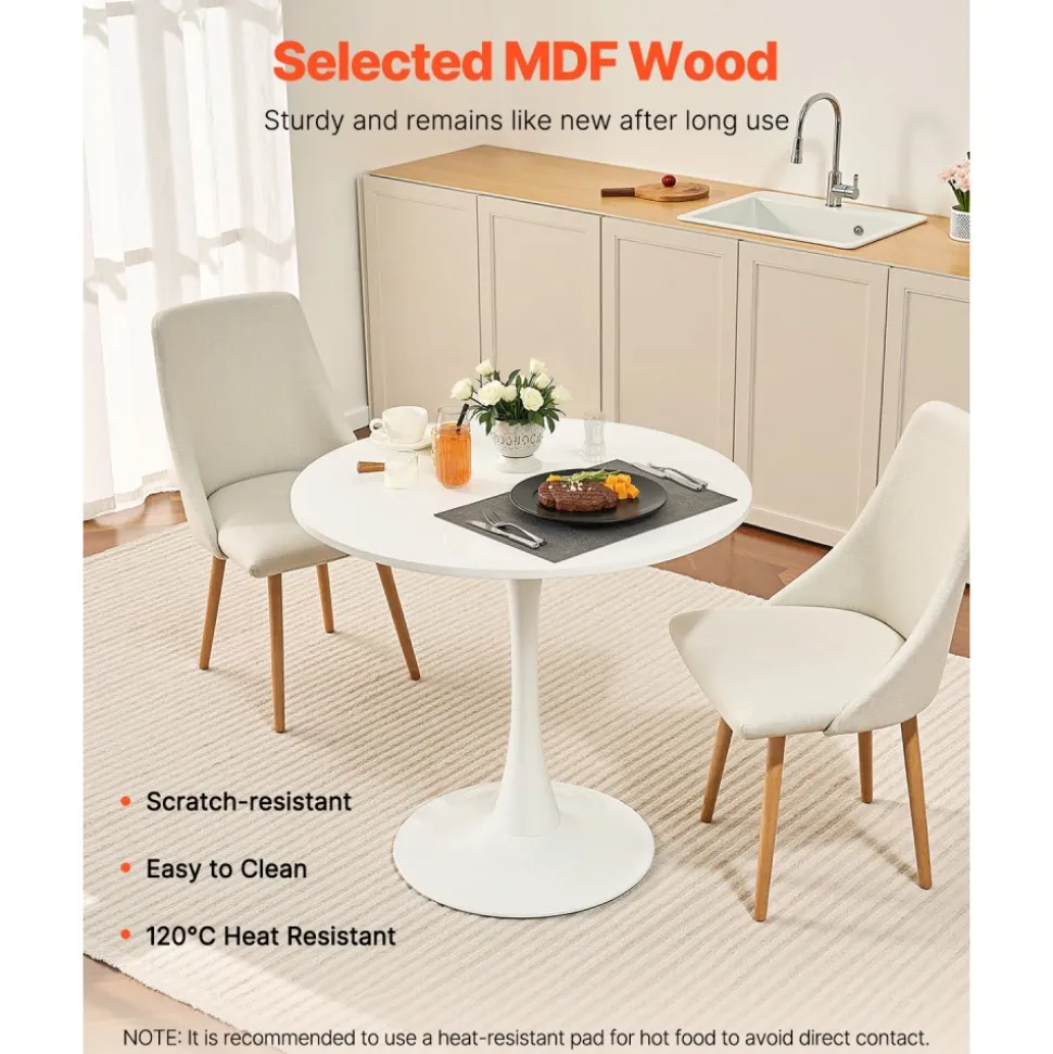 VEVOR Round Dining Table, 31.5 in Wood Table for 2-4 Person, Modern Circle Furniture, Leisure Coffee Office Tables with Pedestal Base in Tulip Design, for Home Kitchen Living Room, White(Only Table)