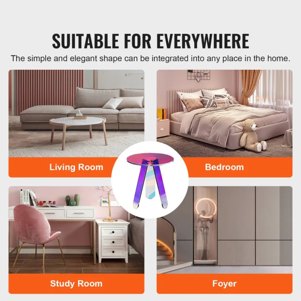 VEVOR Round Iridescent Side Table, Acrylic End Table, Clear Rainbow Acrylic Coffee Table for Drink, Food, Snack used in Living Room, Bedroom, and Study