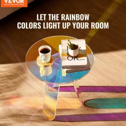 VEVOR Round Iridescent Side Table, Acrylic End Table, Clear Rainbow Acrylic Coffee Table for Drink, Food, Snack used in Living Room, Bedroom, and Study