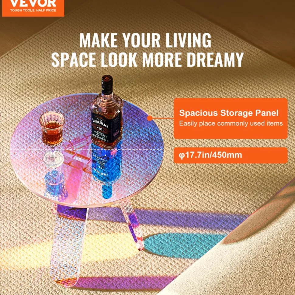 VEVOR Round Iridescent Side Table, Acrylic End Table, Clear Rainbow Acrylic Coffee Table for Drink, Food, Snack used in Living Room, Bedroom, and Study