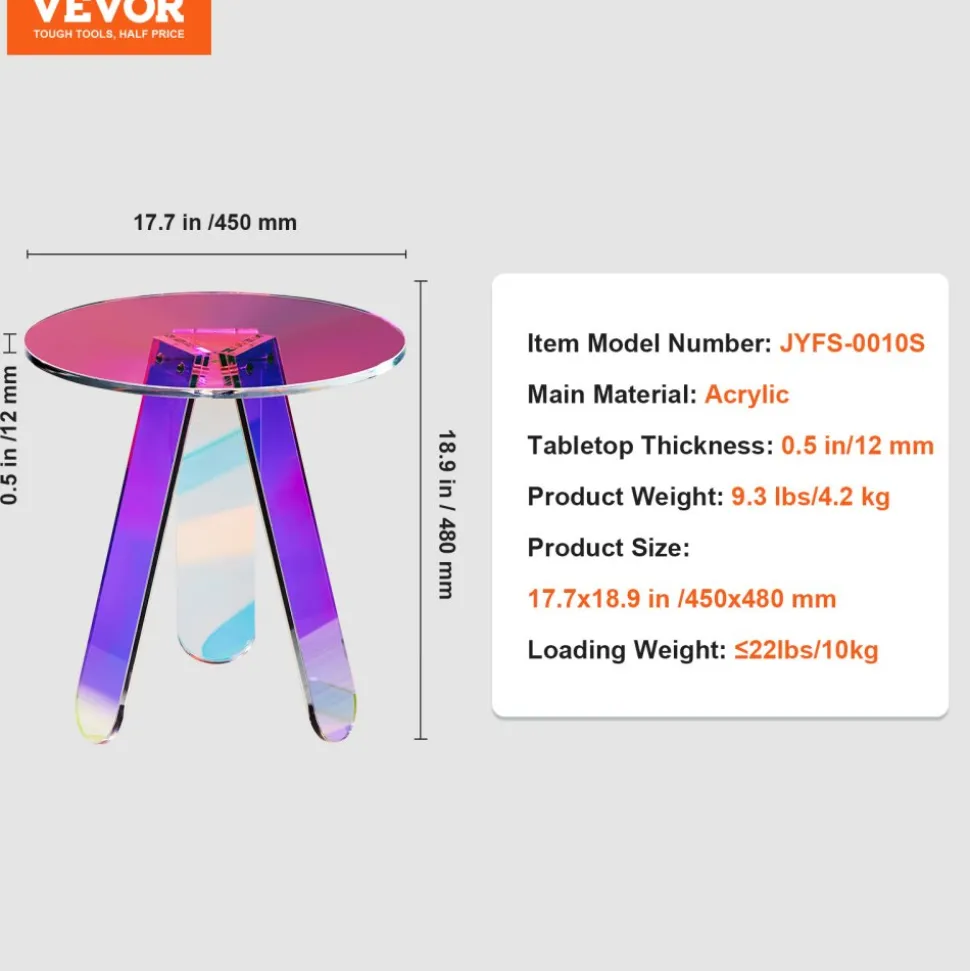 VEVOR Round Iridescent Side Table, Acrylic End Table, Clear Rainbow Acrylic Coffee Table for Drink, Food, Snack used in Living Room, Bedroom, and Study
