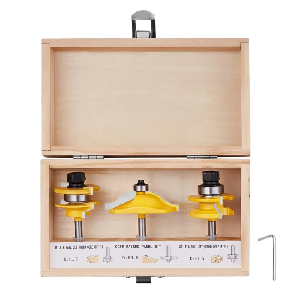 VEVOR Router Bits Set, 3 Pieces, Carbide Router Bit Kit with 1/4 Inch Shank, Wood Carrying Case, Woodworking Tools for Professional and Beginners Carpenter, for Wood MDF Particle Board Plywood