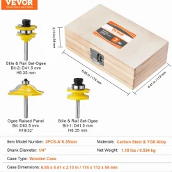 VEVOR Router Bits Set, 3 Pieces, Carbide Router Bit Kit with 1/4 Inch Shank, Wood Carrying Case, Woodworking Tools for Professional and Beginners Carpenter, for Wood MDF Particle Board Plywood