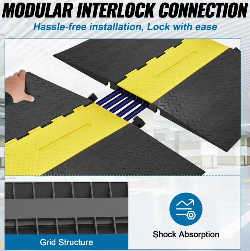 VEVOR Rubber Cable Guard, 5-Channel, 22000 lbs per Axle Load Capacity, Durable Cord Protection Ramp with Hinged Lid for Driveway, Speed Control, and Accessibility Compliance for Both Indoor & Outdo