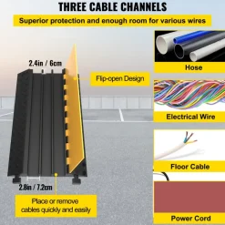 VEVOR Rubber Cable Guard, 3-Channel, 2 x 2.3 in - Durable Cord Protection Ramp for Driveways, 6600 lbs Capacity