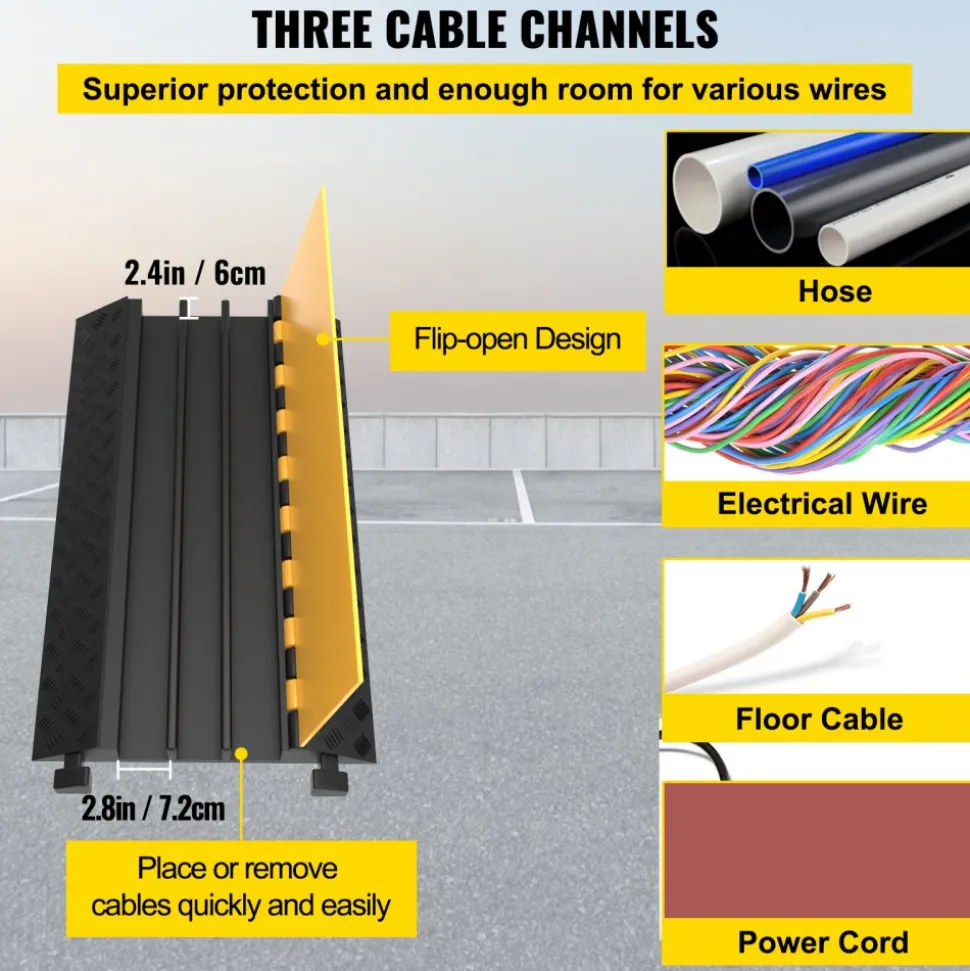 VEVOR Rubber Cable Guard, 3-Channel, 2 x 2.3 in - Durable Cord Protection Ramp for Driveways, 6600 lbs Capacity
