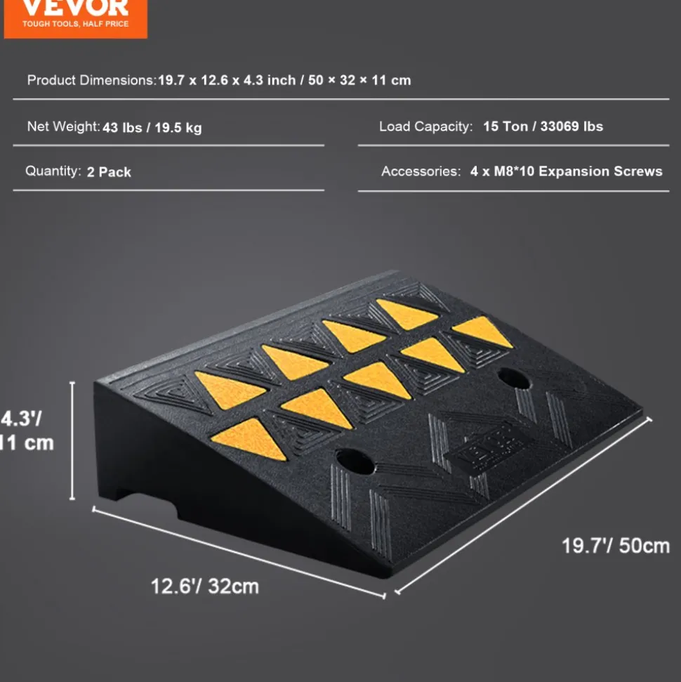 VEVOR Rubber Curb Ramp 2 Pack, 4.3" Rise Height Heavy-Duty 33069 lbs/15 T Capacity Threshold Ramps, Driveway Ramps with Stable Grid Structure for Cars, Wheelchairs, Bikes, Motorcycles
