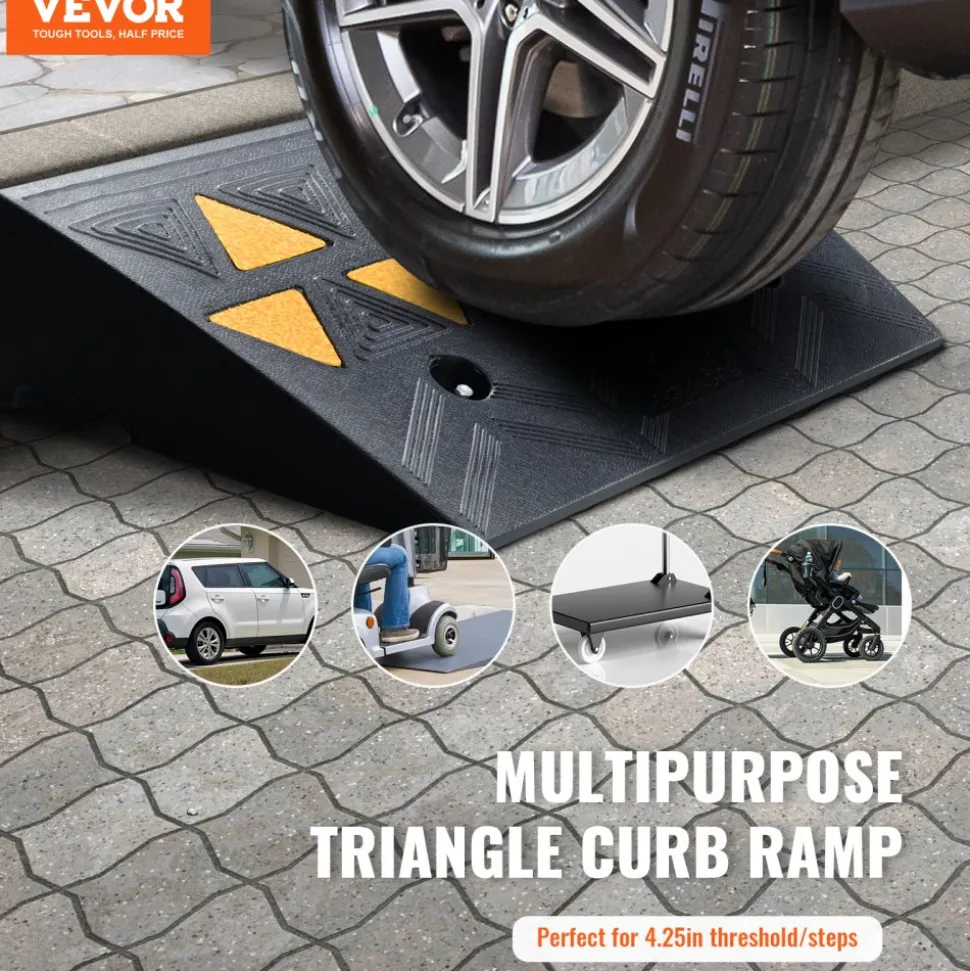 VEVOR Rubber Curb Ramp 4.25" Rise Height Sidewalk Curb Ramp, 11.8" Width 19.7" Length Driveway Ramp for Curb, 15T Heavy Duty Rubber Ramp for Forklifts, Trucks, Buses, Cars, Wheelchairs, Bikes