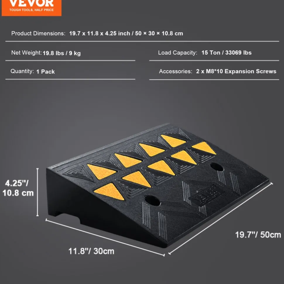 VEVOR Rubber Curb Ramp 4.25" Rise Height Sidewalk Curb Ramp, 11.8" Width 19.7" Length Driveway Ramp for Curb, 15T Heavy Duty Rubber Ramp for Forklifts, Trucks, Buses, Cars, Wheelchairs, Bikes