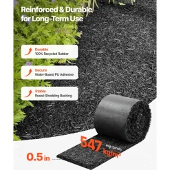 VEVOR Rubber Mulch Mat Roll, 2 Rolls 140 x 4.5 in, Recycled Rubber Permanent Mulch Edging Border, Natural-Looking Flower Barrier with Stakes, 0.5 in Thick Cuttable Garden Edgings for Landscaping