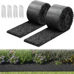 VEVOR Rubber Mulch Mat Roll, 2 Rolls 120 x 4.5 in, Recycled Rubber Permanent Mulch Edging Border, Natural-Looking Flower Barrier with Stakes, 0.5 in Thick Cuttable Garden Edgings for Landscaping