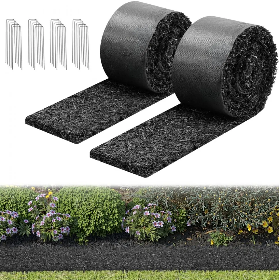 VEVOR Rubber Mulch Mat Roll, 2 Rolls 120 x 4.5 in, Recycled Rubber Permanent Mulch Edging Border, Natural-Looking Flower Barrier with Stakes, 0.5 in Thick Cuttable Garden Edgings for Landscaping