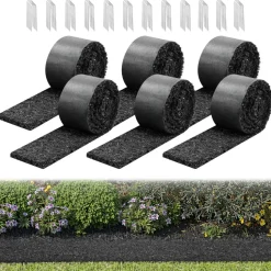 VEVOR Rubber Mulch Mat Roll, 6 Rolls 120 x 4.5 in, Recycled Rubber Permanent Mulch Edging Border, Natural-Looking Flower Barrier with Stakes, 0.5 in Thick Cuttable Garden Edgings for Landscaping