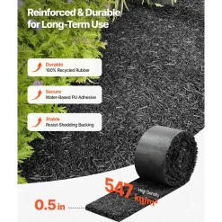 VEVOR Rubber Mulch Mat Roll, 6 Rolls 120 x 4.5 in, Recycled Rubber Permanent Mulch Edging Border, Natural-Looking Flower Barrier with Stakes, 0.5 in Thick Cuttable Garden Edgings for Landscaping