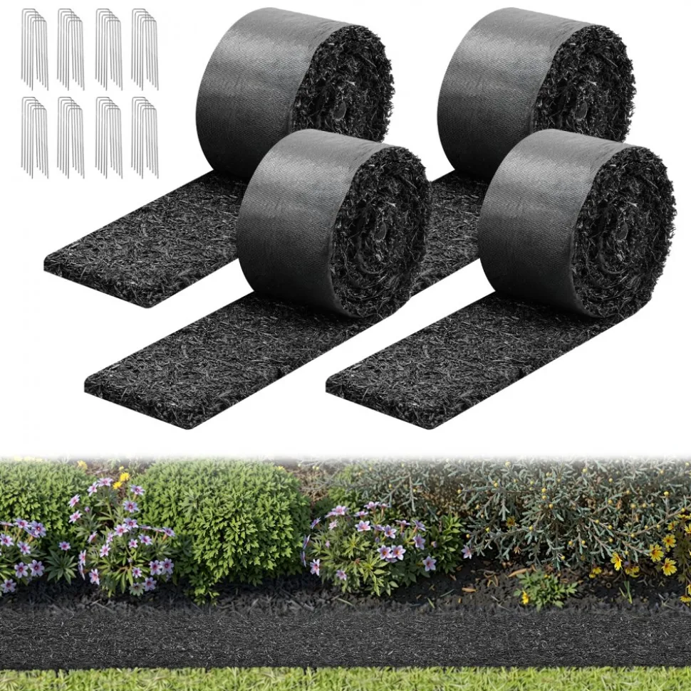 VEVOR Rubber Mulch Mat Roll, 4 Rolls 120 x 4.5 in, Recycled Rubber Permanent Mulch Edging Border, Natural-Looking Flower Barrier with Stakes, 0.5 in Thick Cuttable Garden Edgings for Landscaping