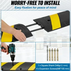 VEVOR 72'' Rubber Speed Bump, Dual Channel, Supports up to 22000 lbs, Durable Traffic Speed Hump with Bright Yellow Reflective Strip, Includes 4 Expansion Screws & Drill for Asphalt, Concrete, Grav